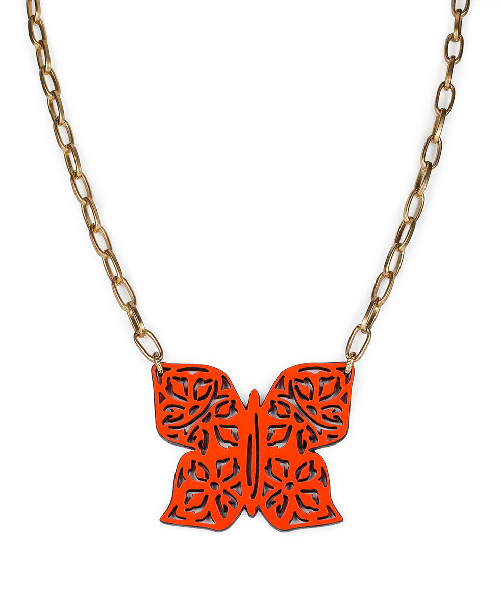 Maniola Butterfly Pendant Necklace - Leather Lace - distressed coral / antique gold - by Patricia Nash - View 1 of 3