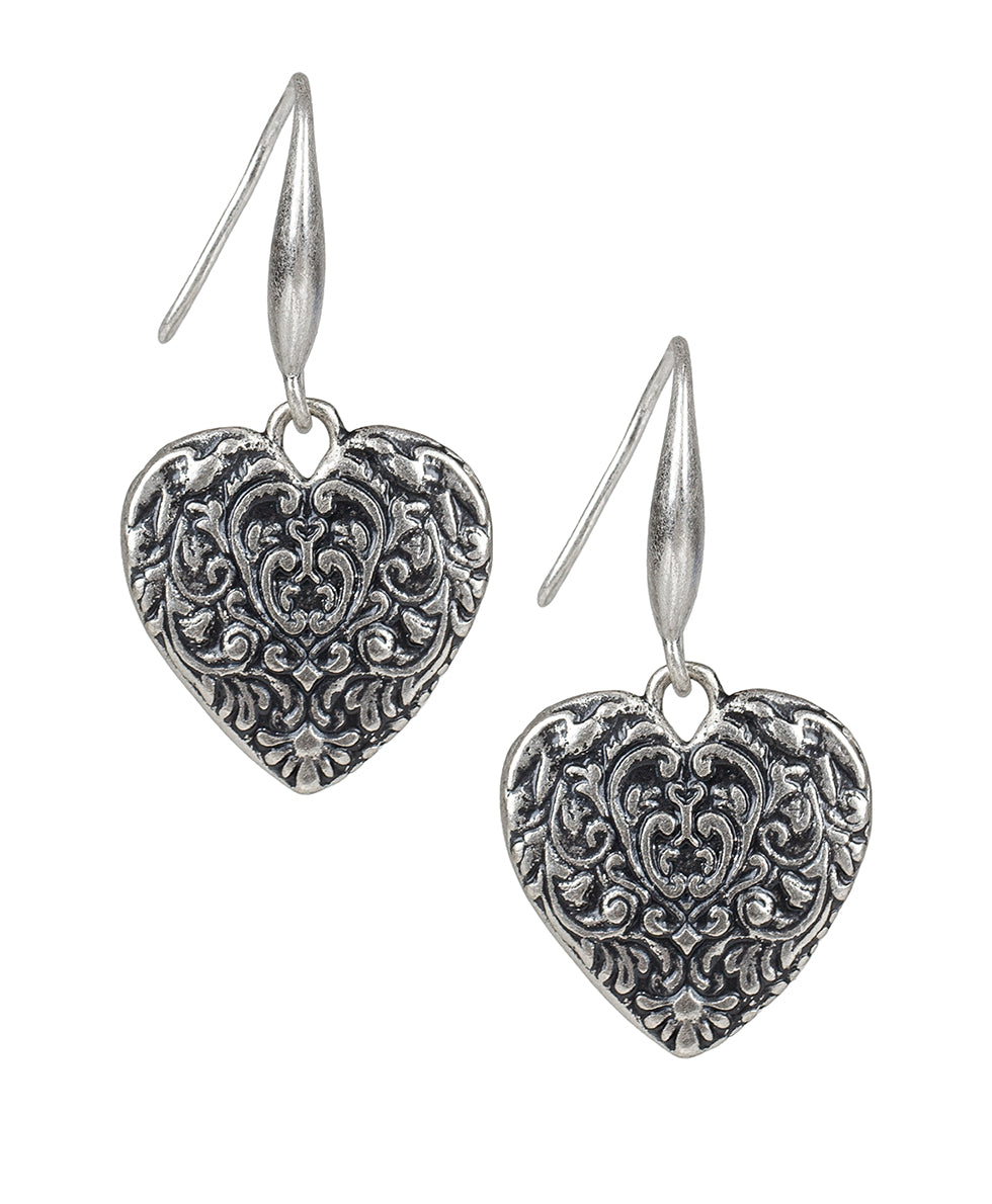 Tooled Heart Dangle Earrings - Etched Rose - silver ox - by Patricia Nash - View 1 of 3