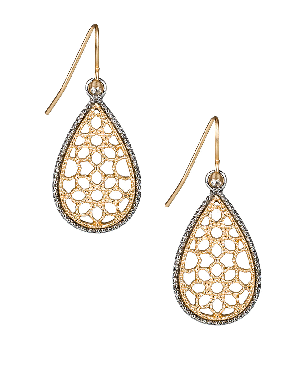 Tear Drop Earrings - Venetian Lace - matte gold / antique silver - by Patricia Nash - View 1 of 2