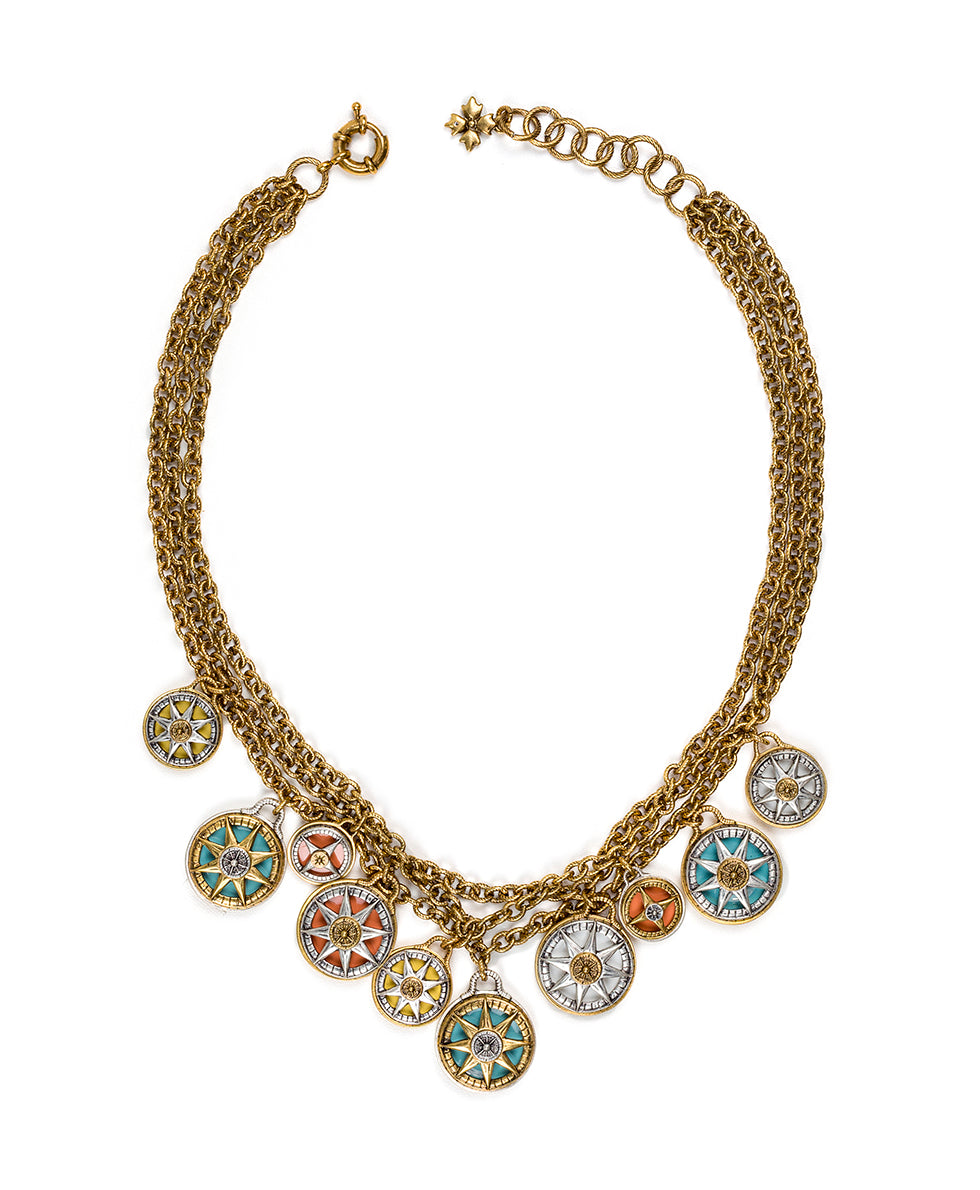 Triple Chain Charm Necklace - Colored Compass - antique gold - by Patricia Nash - View 1 of 6