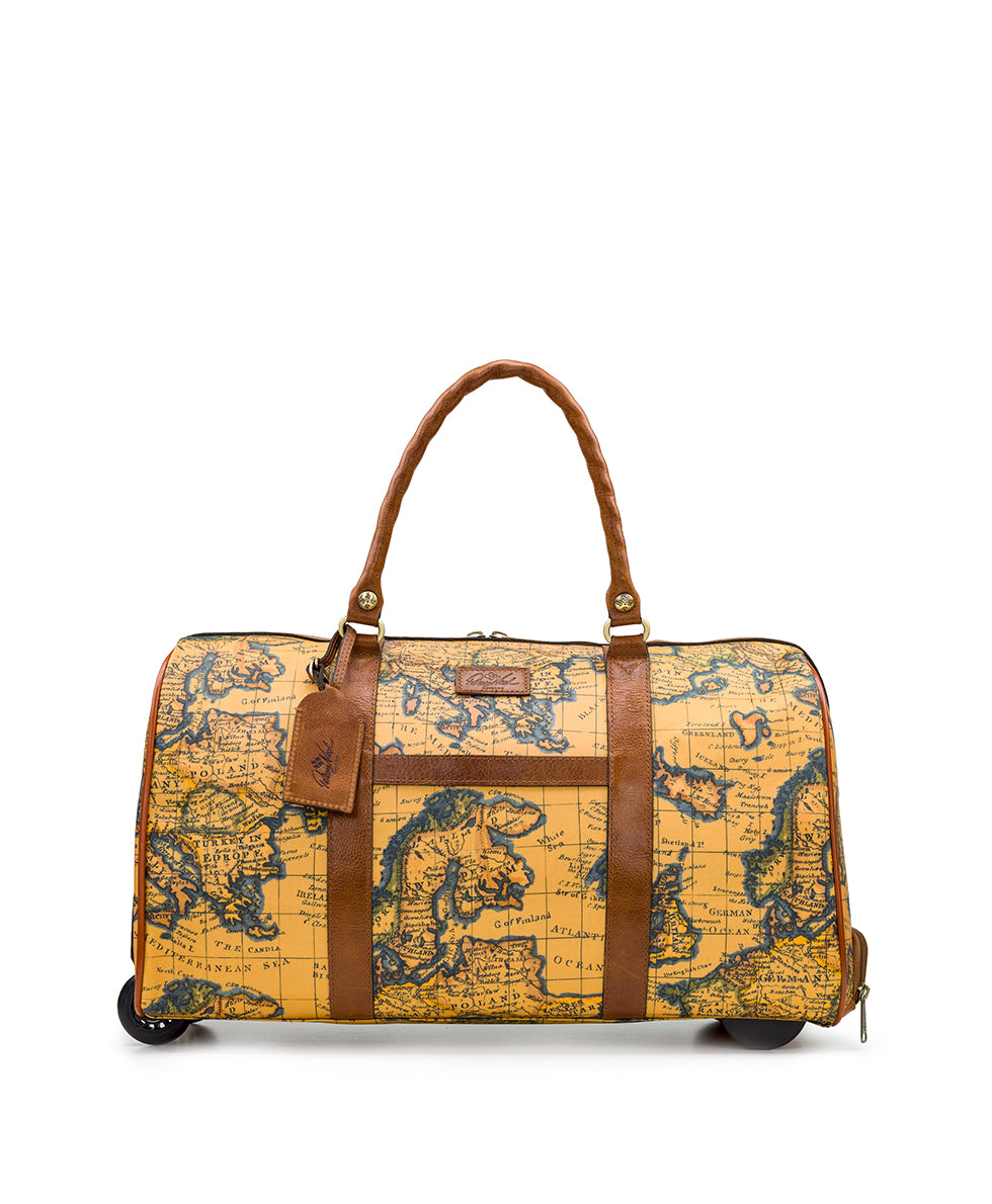 Avola Wheeled Duffel Bag Patina Coated Linen Canvas — European Map Print
