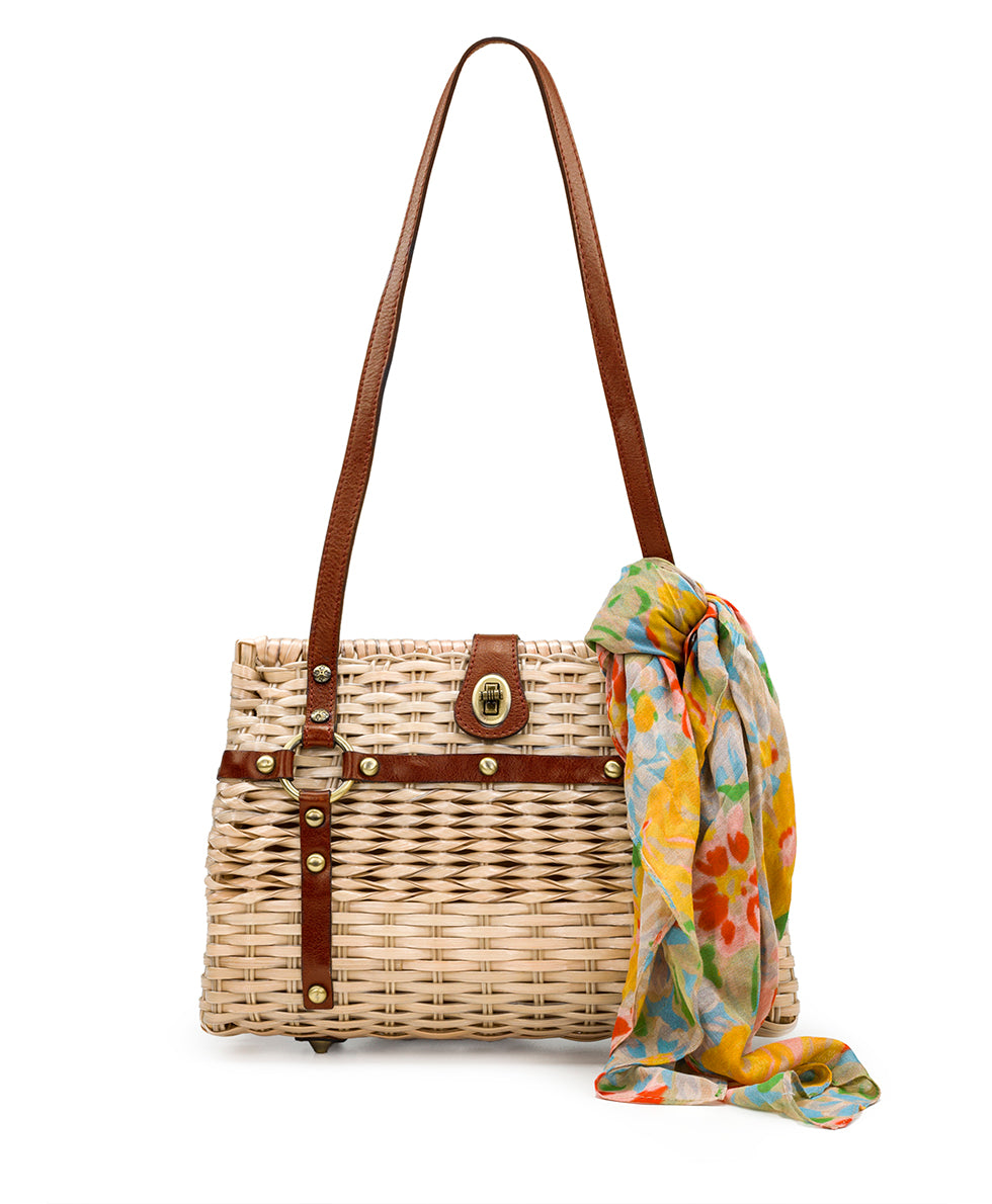 Muzzari Straw Satchel With Citrus Rose Scarf Specialty Woven