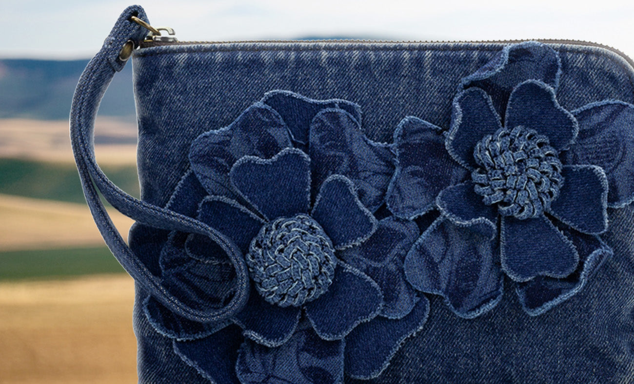 Cassini Wristlet - Floral Applique Denim – Patricia Nash
