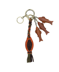 3 Wood Nordic Fish with Net Tassel | Bag Charms | Ochre, Chocolate, Olive