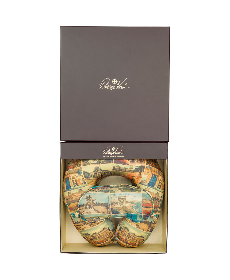 Female - Boxed Travel Pillow and Eye Mask Set - Woven Poly - Postcards From Paris - postcards from paris - by Patricia Nash - View 1 of 5