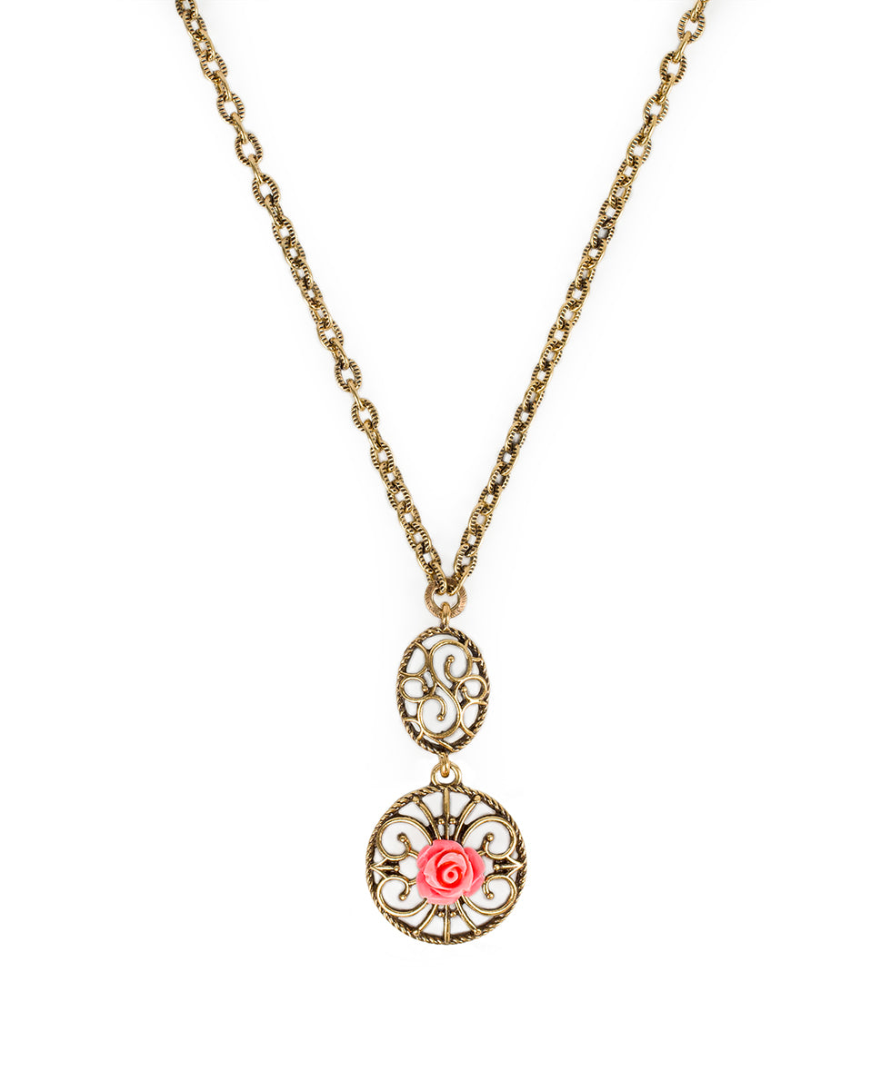 Carved Rose Pendant Necklace - Filigree & Flowers - antique gold - by Patricia Nash - View 3 of 4
