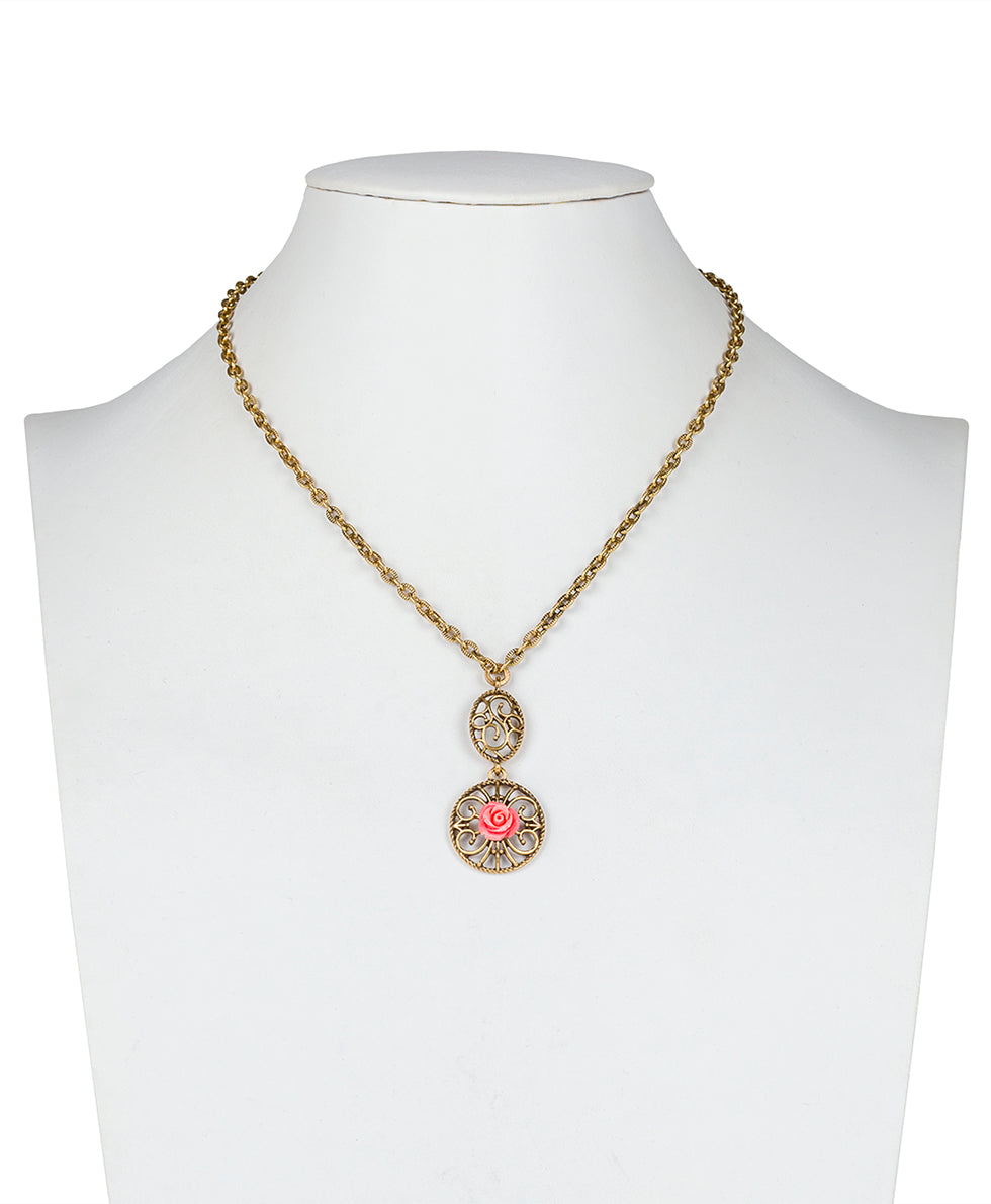 Carved Rose Pendant Necklace - Filigree & Flowers - antique gold - by Patricia Nash - View 2 of 4