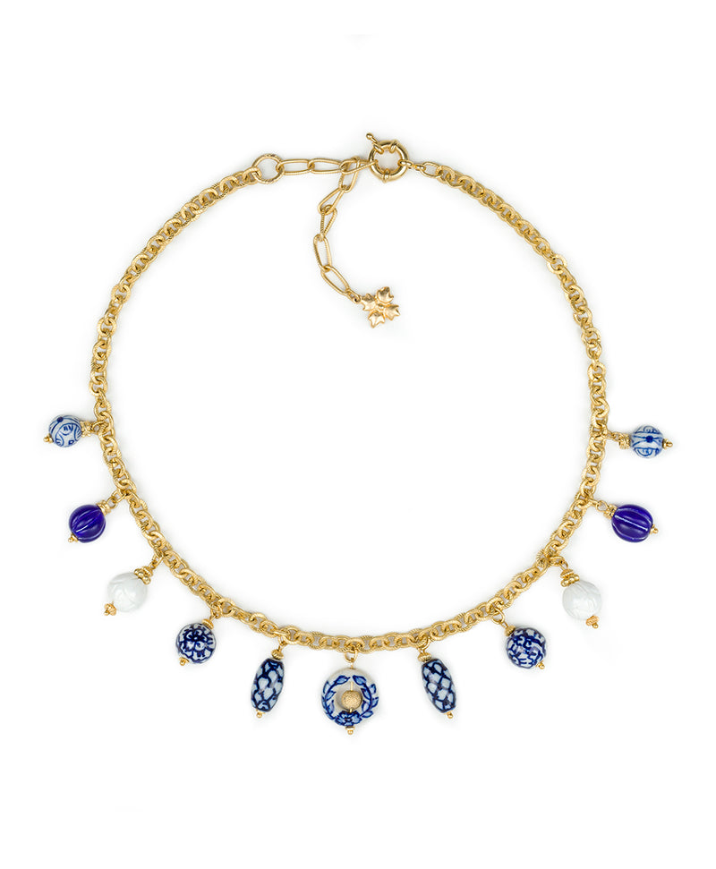 Multi Charm Short Necklace - Blue Ceramic Bead