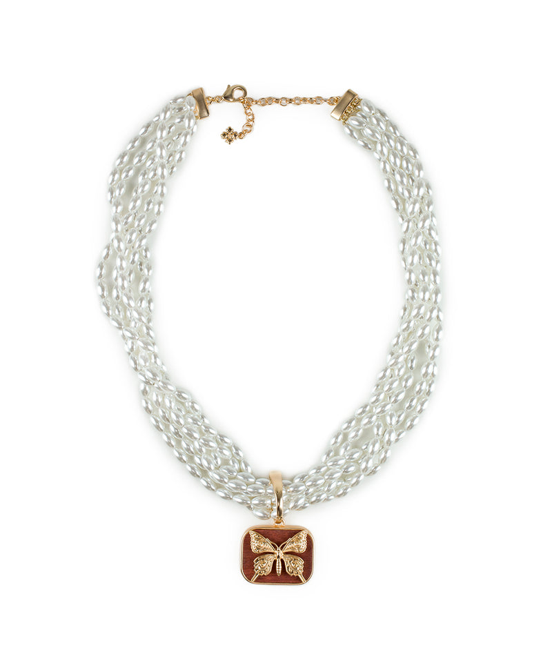 Pearl Torsade Pendant Necklace - Wood Butterflies