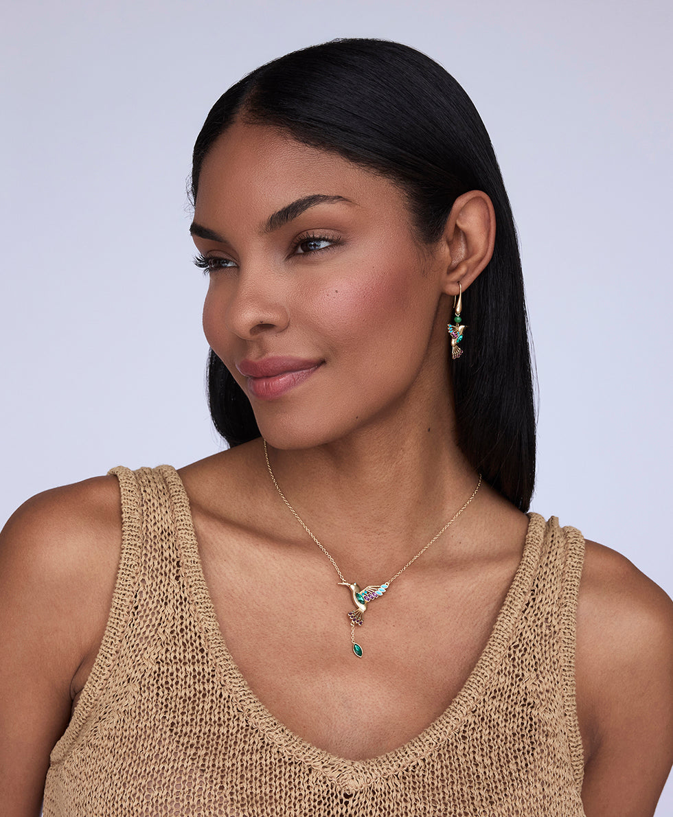 Female - Multi Jeweled Hummingbird Drop Earrings - Hummingbird - matte gold - by Patricia Nash - View 2 of 2