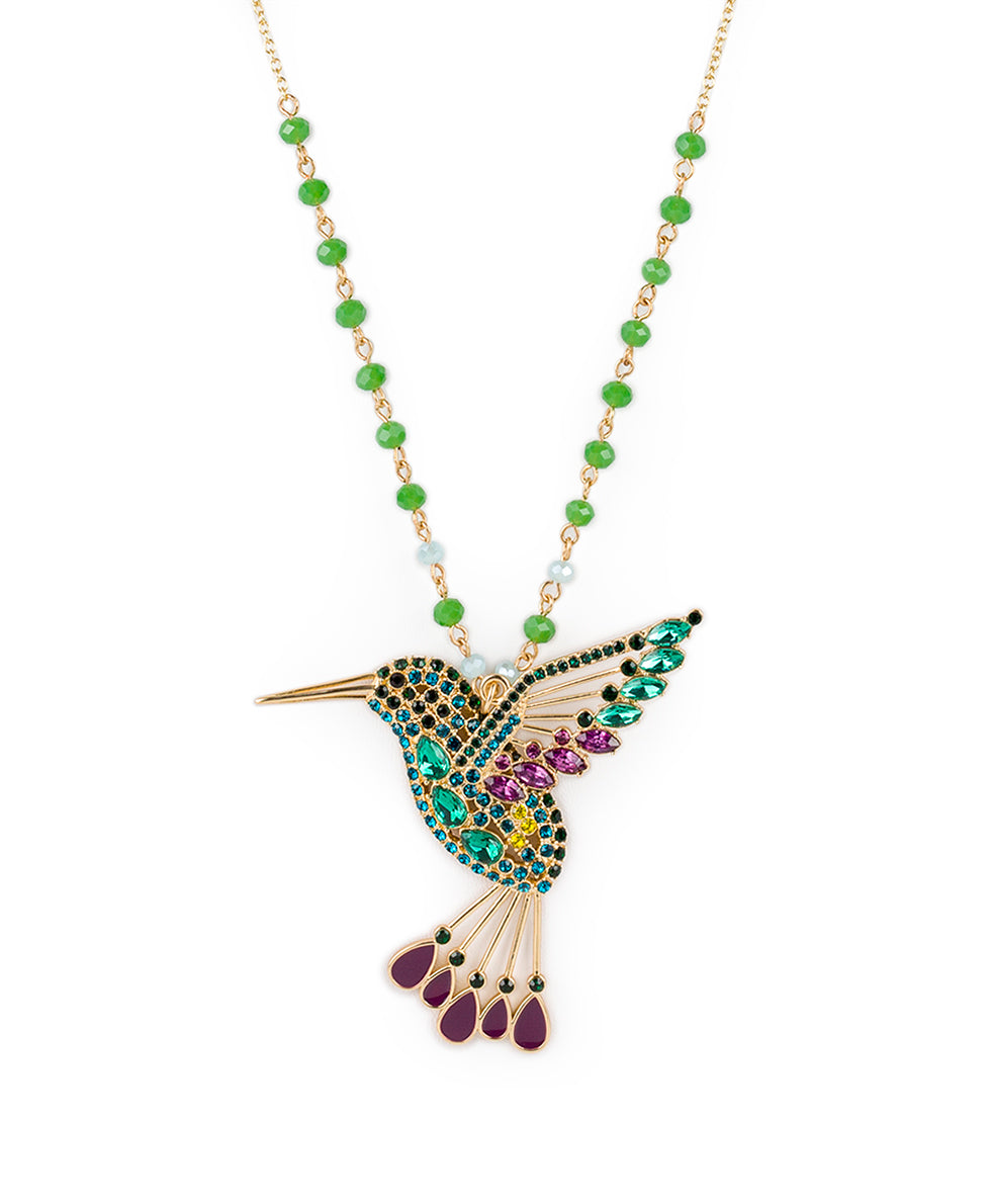 Female - Multi Jeweled Hummingbird Pendant Necklace - Hummingbird - matte gold - by Patricia Nash - View 1 of 3