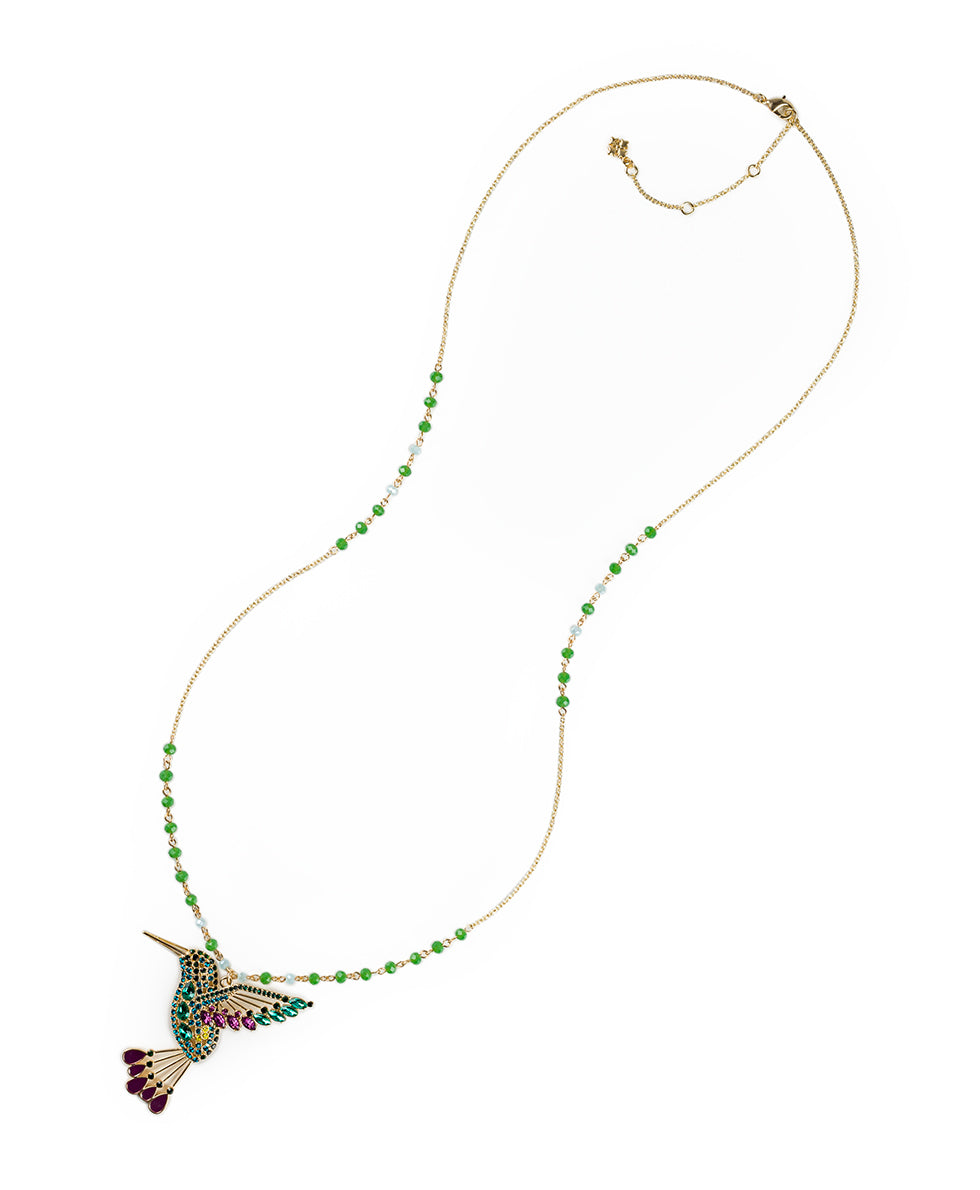 Female - Multi Jeweled Hummingbird Pendant Necklace - Hummingbird - matte gold - by Patricia Nash - View 2 of 3