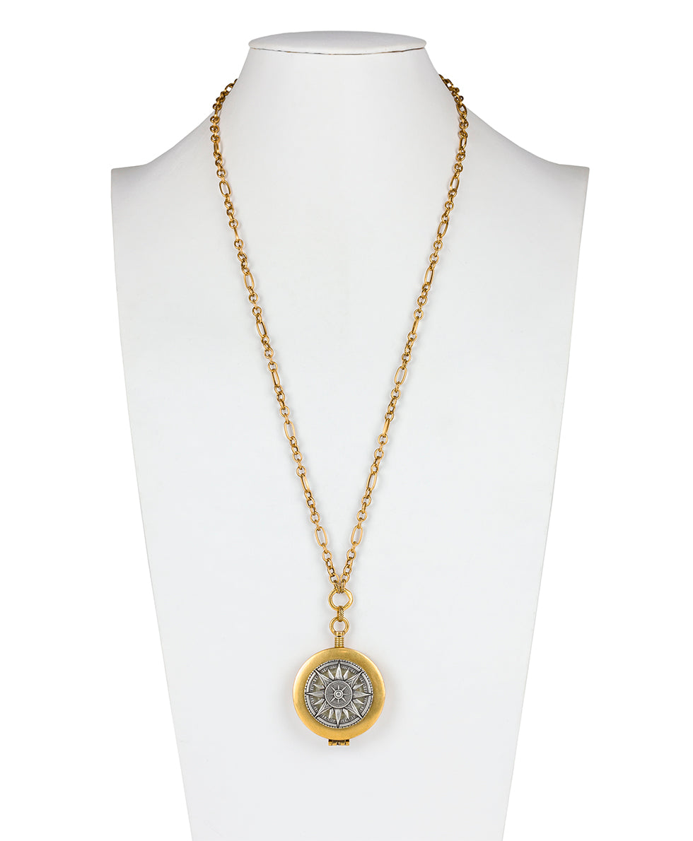 Female - Compass Necklace - Compass Compact - antique gold / silver ox - by Patricia Nash - View 4 of 4