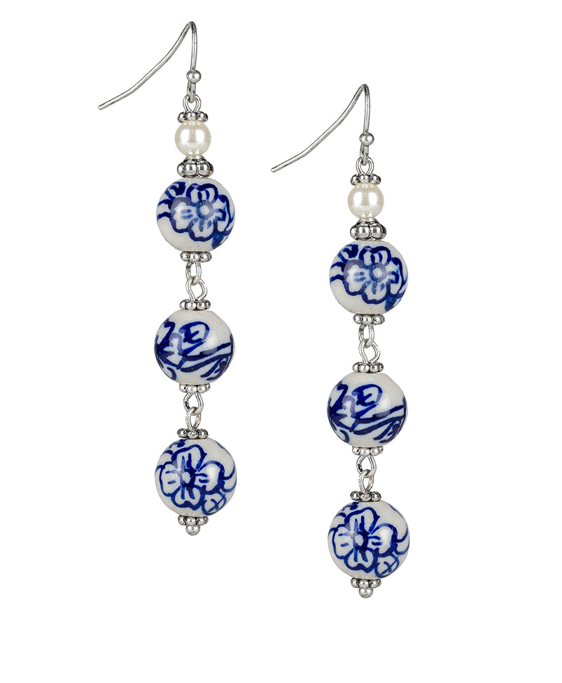 Blue Triple Bead Drop Earrings  - Blue Ceramic Bead