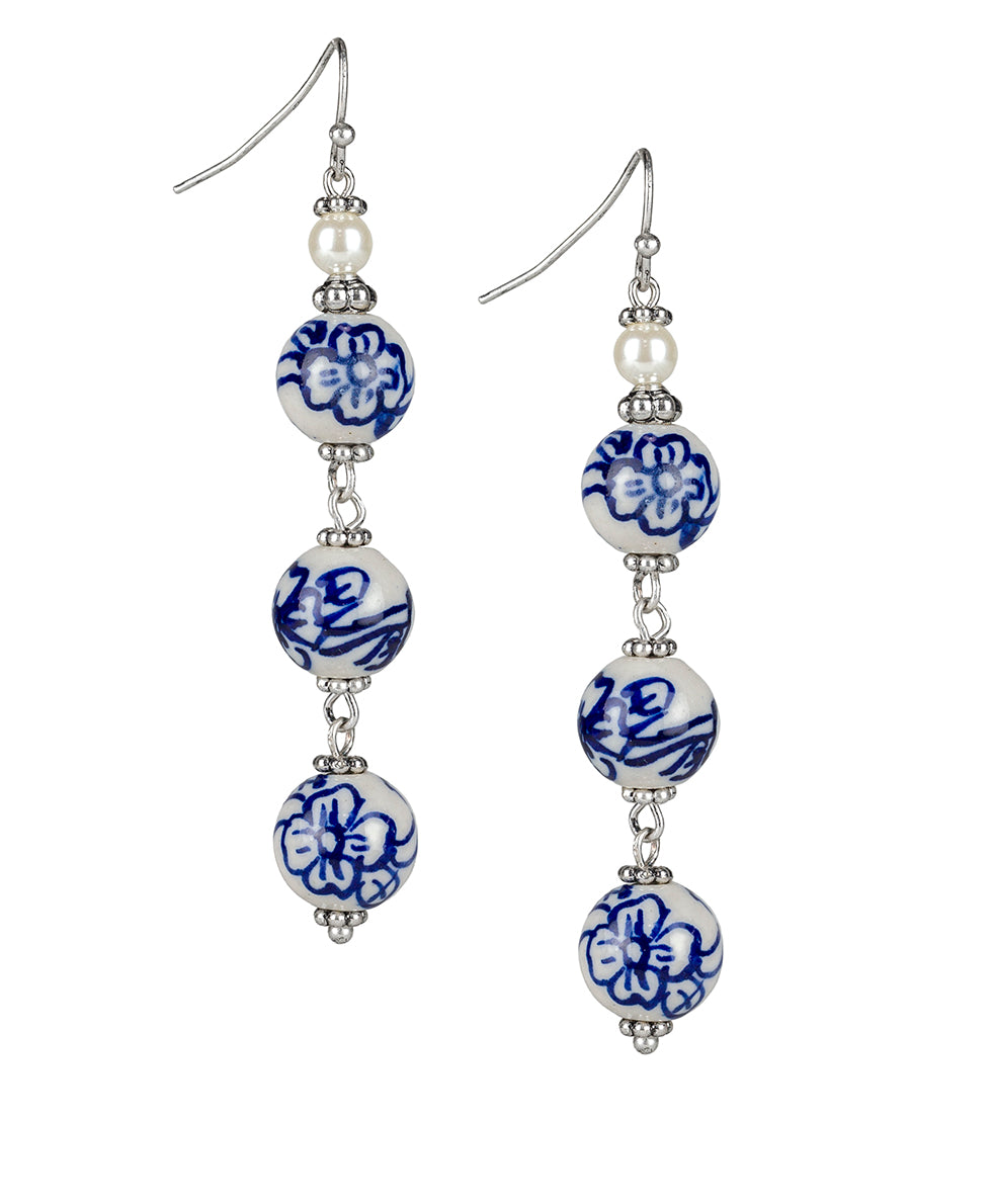 Triple Bead Drop Earrings  - Blue Ceramic Bead - silver ox - by Patricia Nash - View 1 of 2