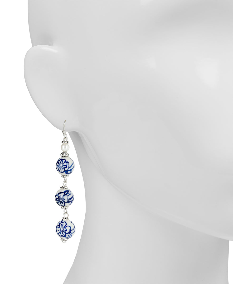 Triple Bead Drop Earrings  - Blue Ceramic Bead - silver ox - by Patricia Nash - View 2 of 2