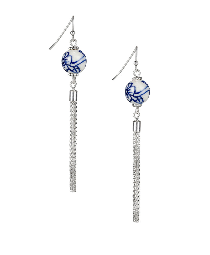 Blue Bead Earrings w/ Tassels  - Blue Ceramic Bead