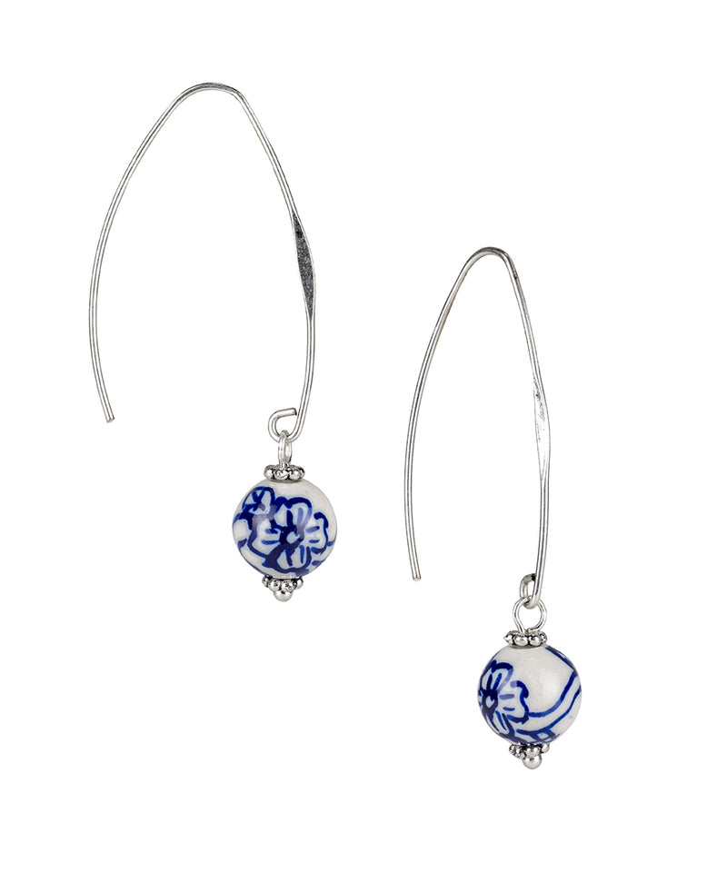 Blue Arc Hoop Bead Earrings  - Blue Ceramic Bead