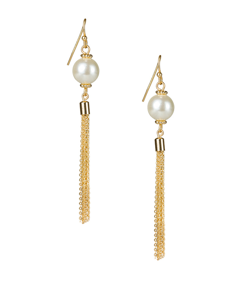 Pearl Bead Earrings w/ Tassels - Pearl