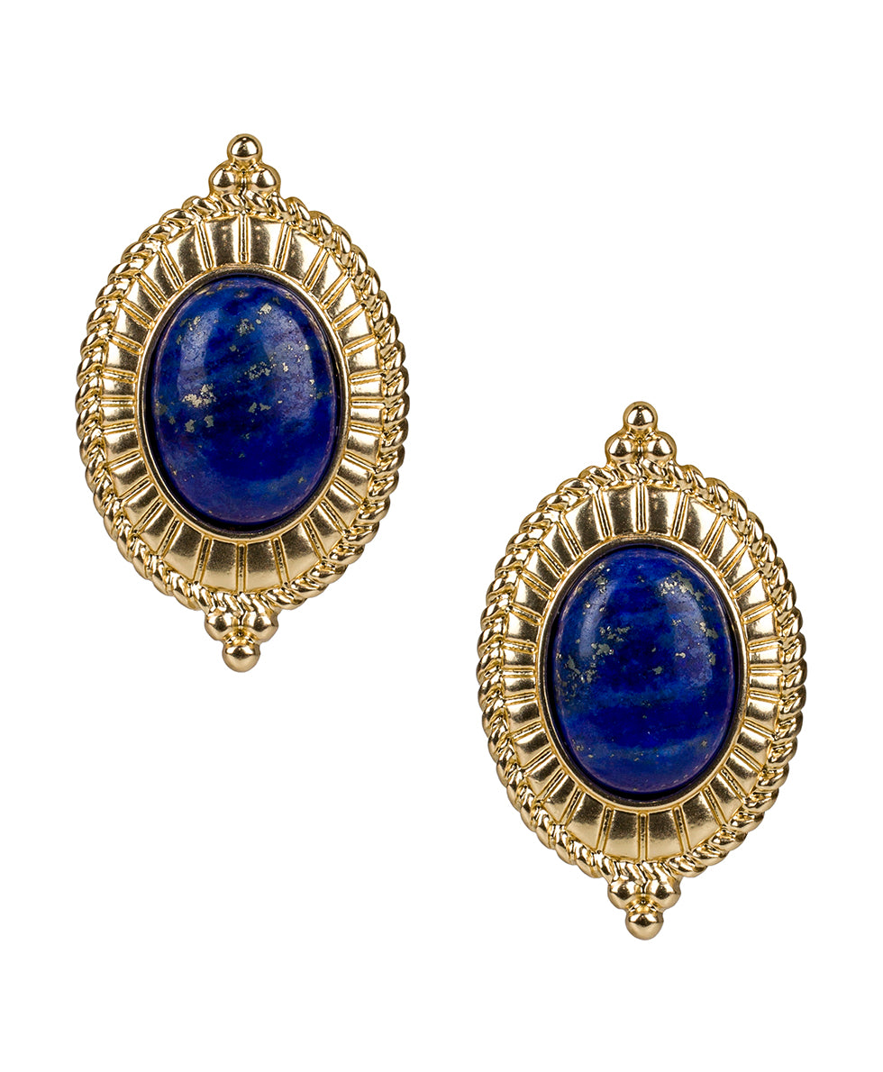 Female - Oval Button Cabochon Earrings - Museum - lapis / matte gold - by Patricia Nash - View 1 of 2