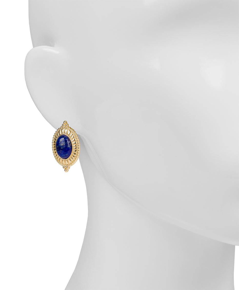 Female - Oval Button Cabochon Earrings - Museum - lapis / matte gold - by Patricia Nash - View 2 of 2