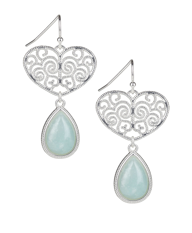 Heart Wire Drop Cabochon Earrings - Filigree and Flutter