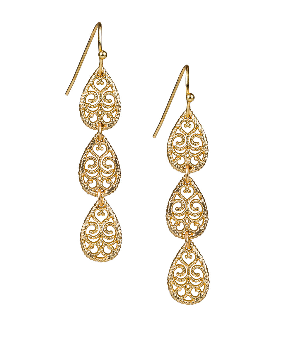 Female - Tear Drop Wire Earrings - Filigree and Flutter - matte gold - by Patricia Nash - View 1 of 2