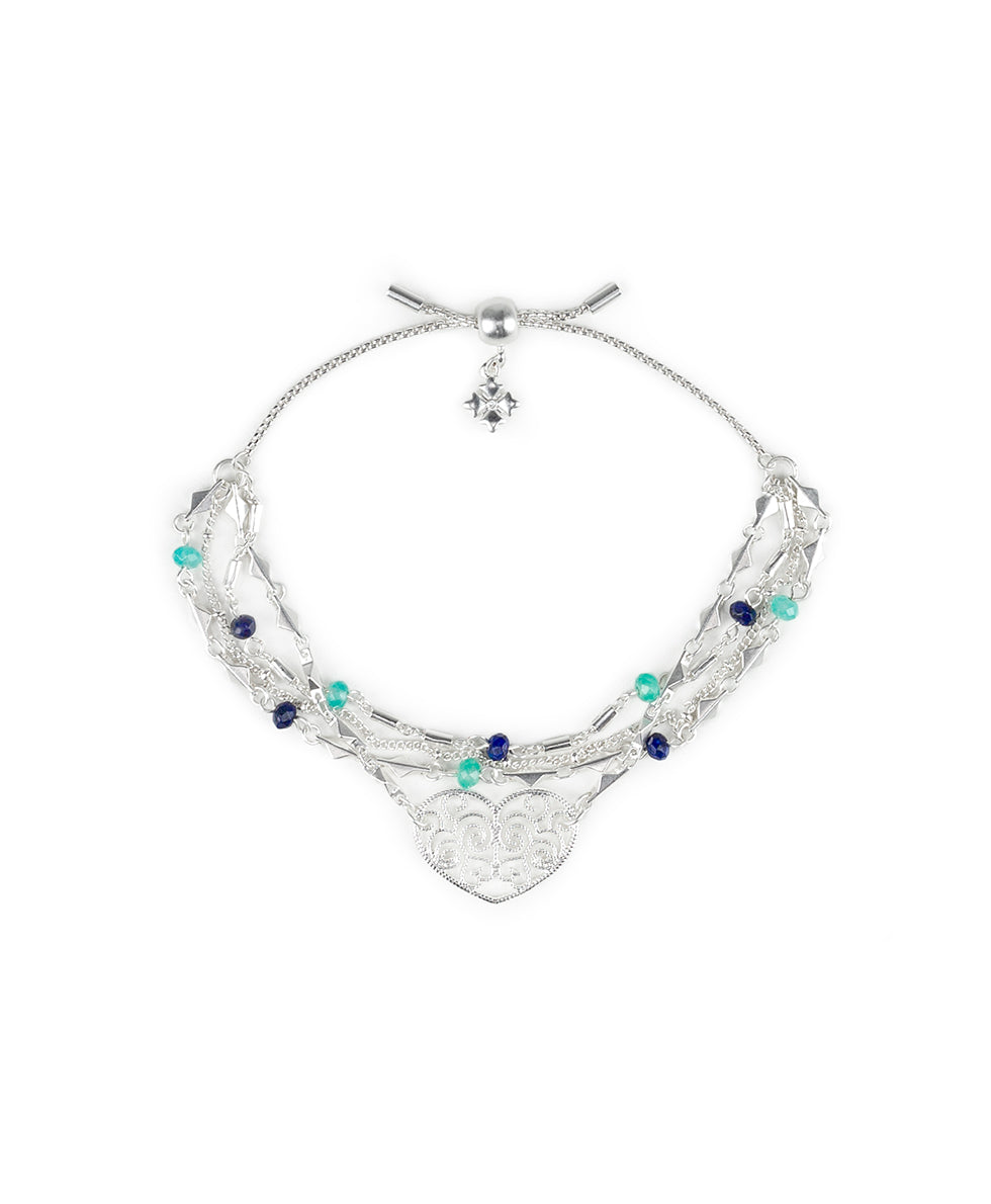 Female - Heart Charm Mutli Chain Bracelet - Filigree and Flutter - matte silver - by Patricia Nash - View 1 of 3