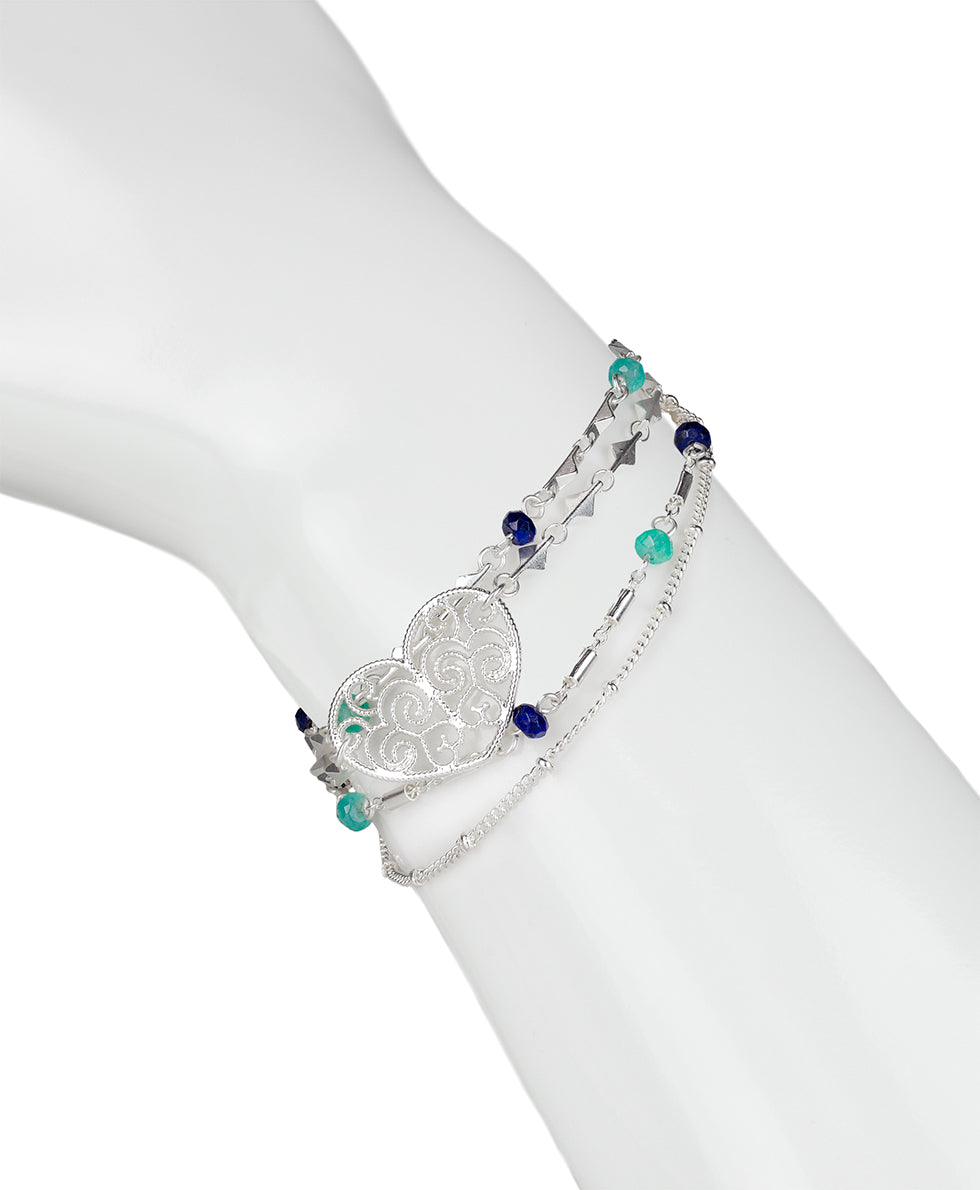 Female - Heart Charm Mutli Chain Bracelet - Filigree and Flutter - matte silver - by Patricia Nash - View 2 of 3