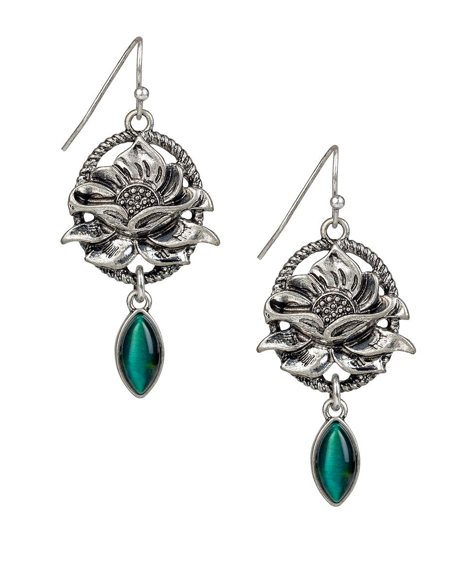 Female - Flower Wire Drop Cabochon Earrings - Tooled Flower - silver ox - by Patricia Nash - View 1 of 2