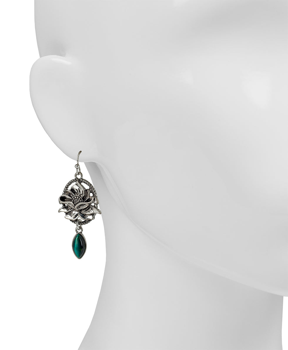 Female - Flower Wire Drop Cabochon Earrings - Tooled Flower - silver ox - by Patricia Nash - View 2 of 2