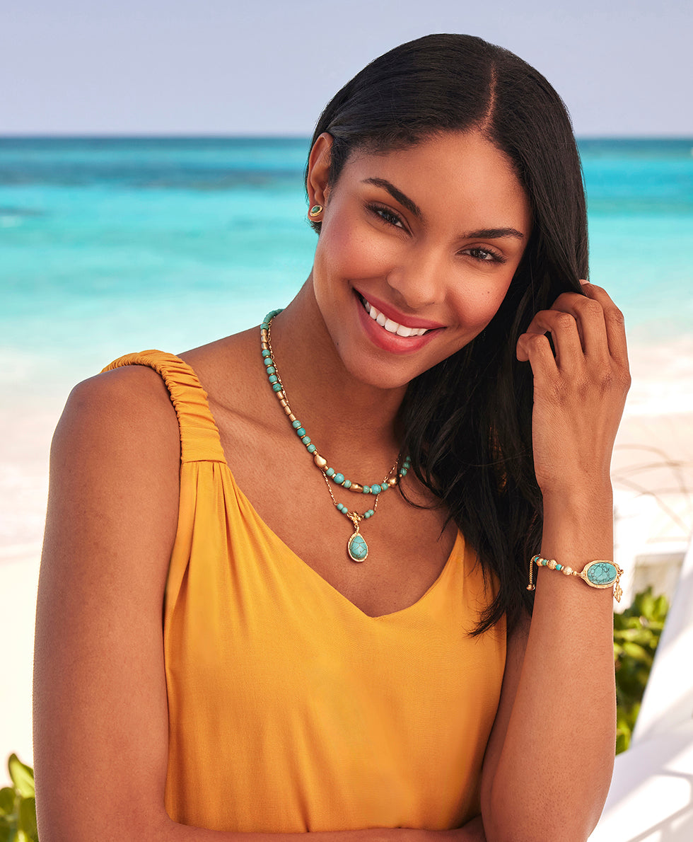 Female - Double Necklace - Blue Ocean - turquoise / egyptian gold - by Patricia Nash - View 5 of 5