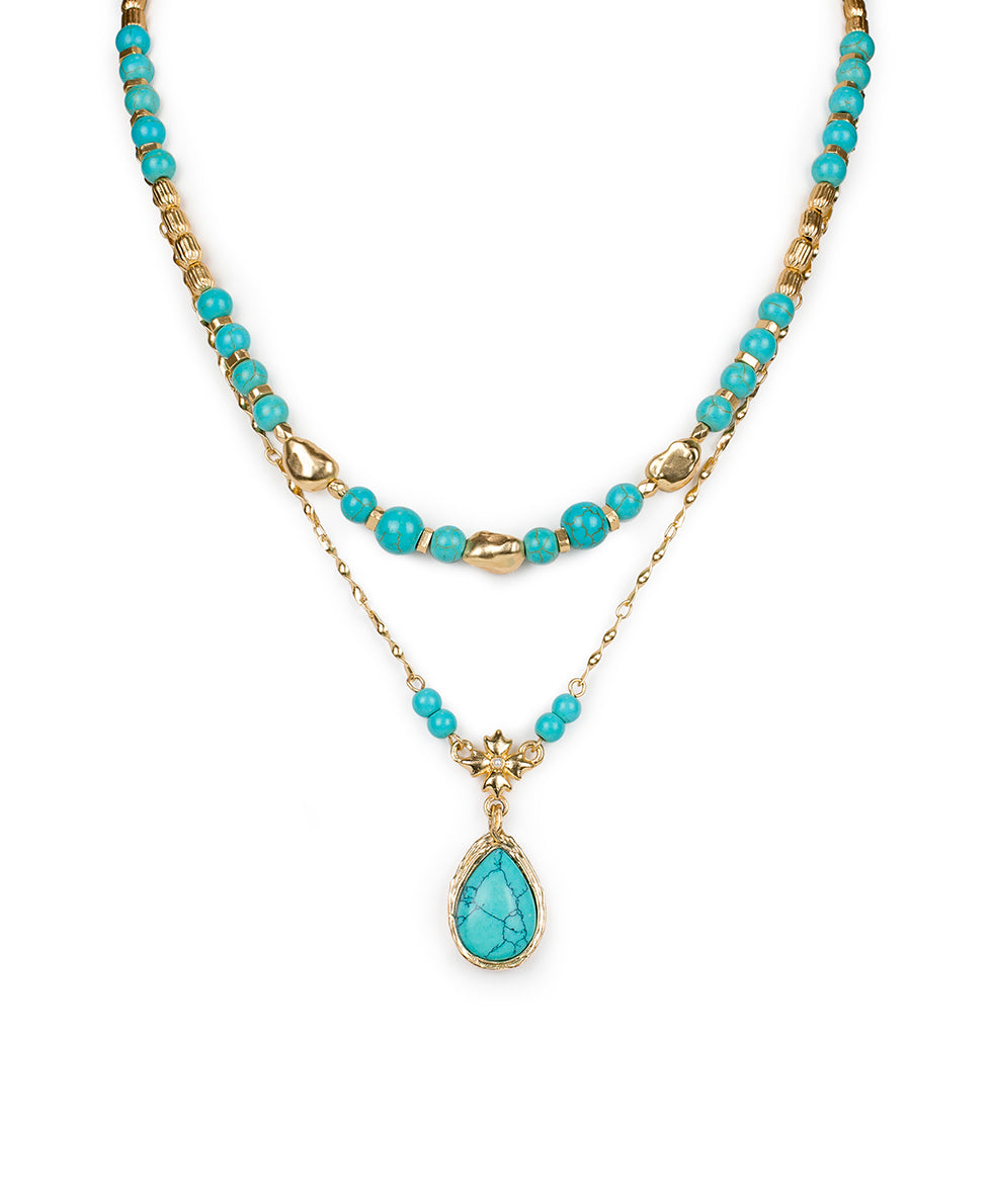 Female - Double Necklace - Blue Ocean - turquoise / egyptian gold - by Patricia Nash - View 1 of 5