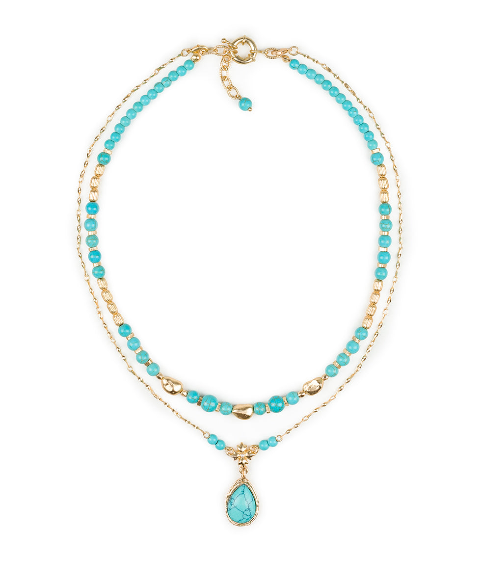 Female - Double Necklace - Blue Ocean - turquoise / egyptian gold - by Patricia Nash - View 2 of 5
