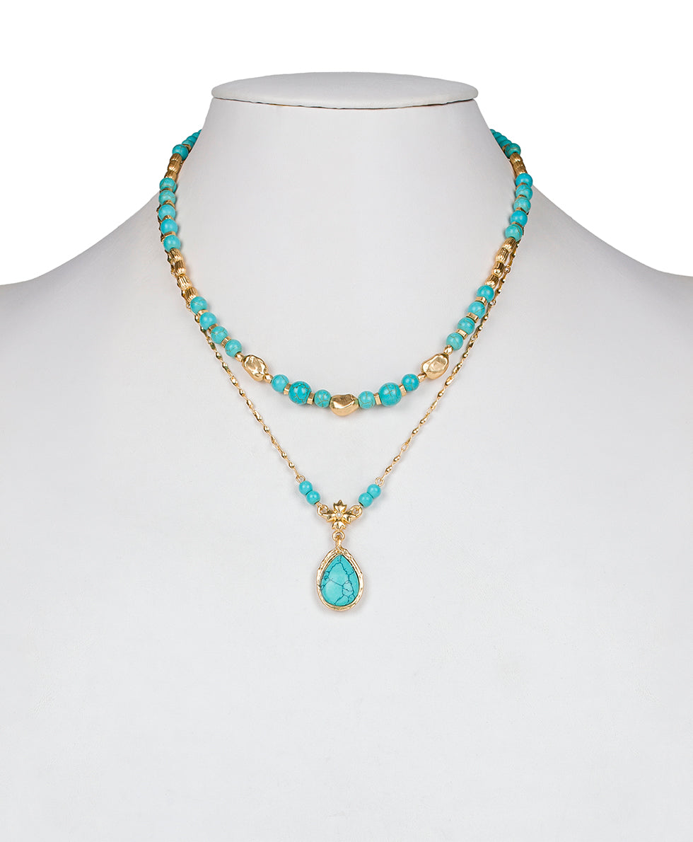 Female - Double Necklace - Blue Ocean - turquoise / egyptian gold - by Patricia Nash - View 3 of 5