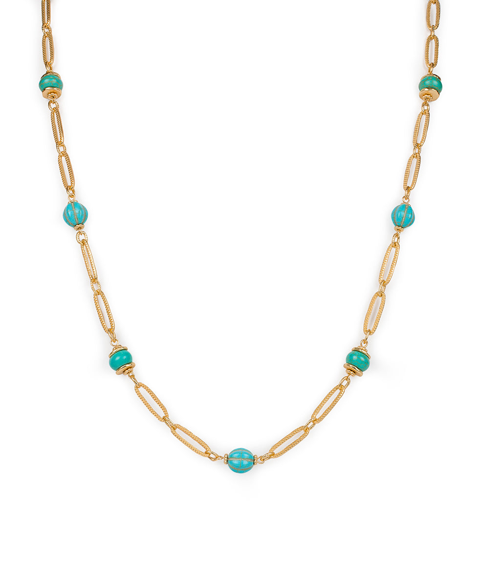 Female - Long Beaded Station Necklace - Blue Ocean - turquoise / egyptian gold - by Patricia Nash - View 1 of 3