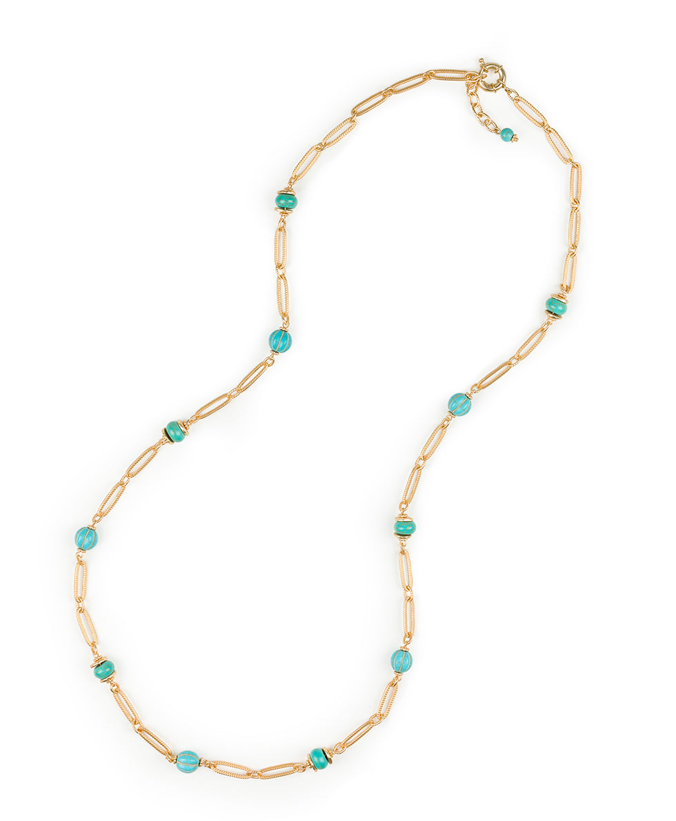 Female - Long Beaded Station Necklace - Blue Ocean - turquoise / egyptian gold - by Patricia Nash - View 2 of 3