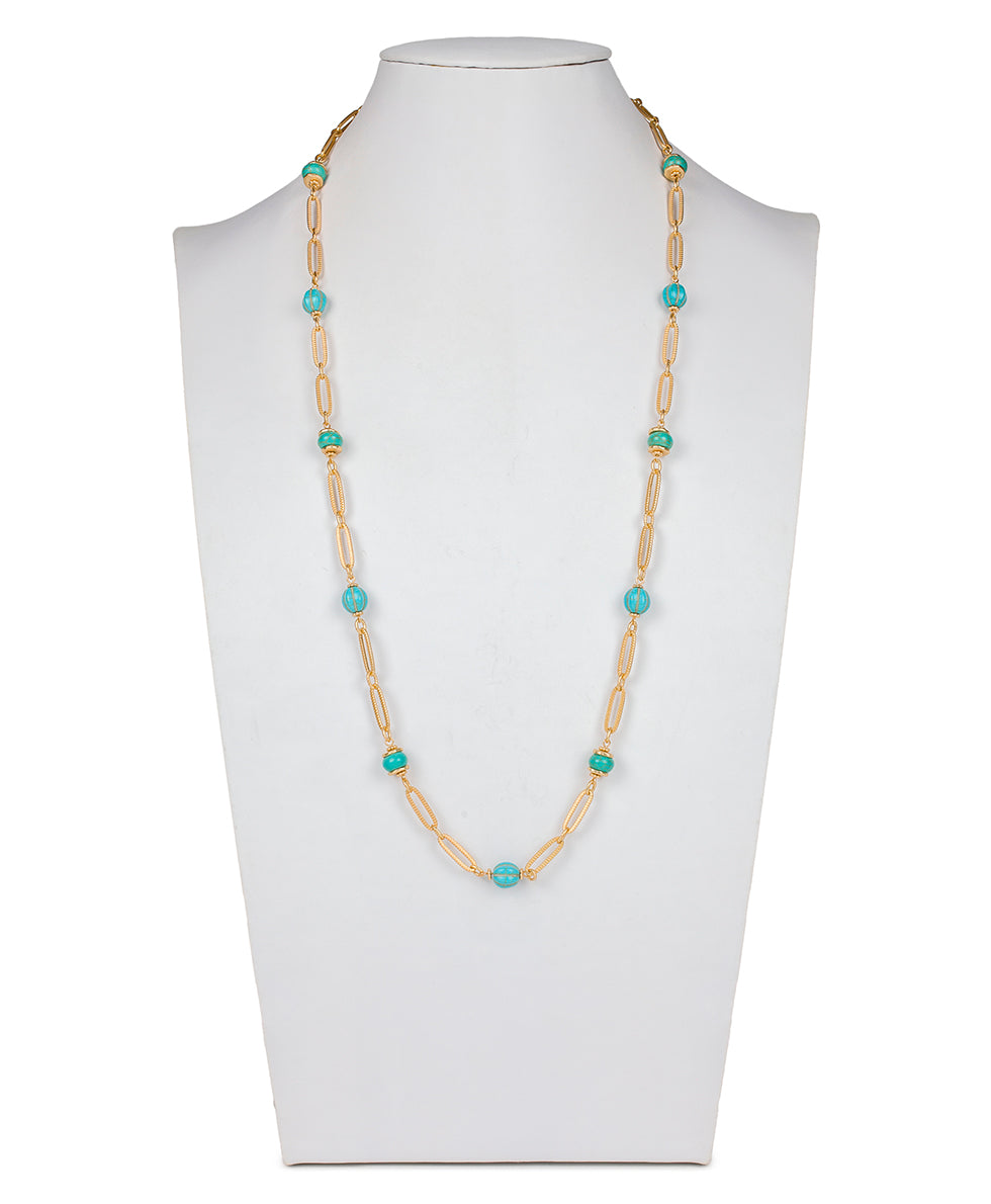 Female - Long Beaded Station Necklace - Blue Ocean - turquoise / egyptian gold - by Patricia Nash - View 3 of 3