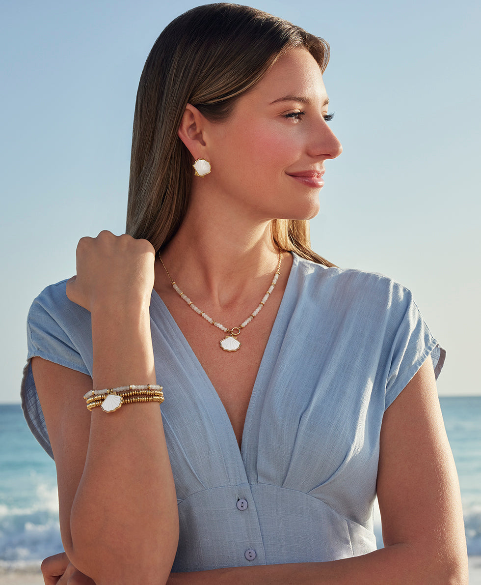 Female - Shell Stretch Bracelet Set - Scallop Seashore - white / matte gold - by Patricia Nash - View 4 of 4