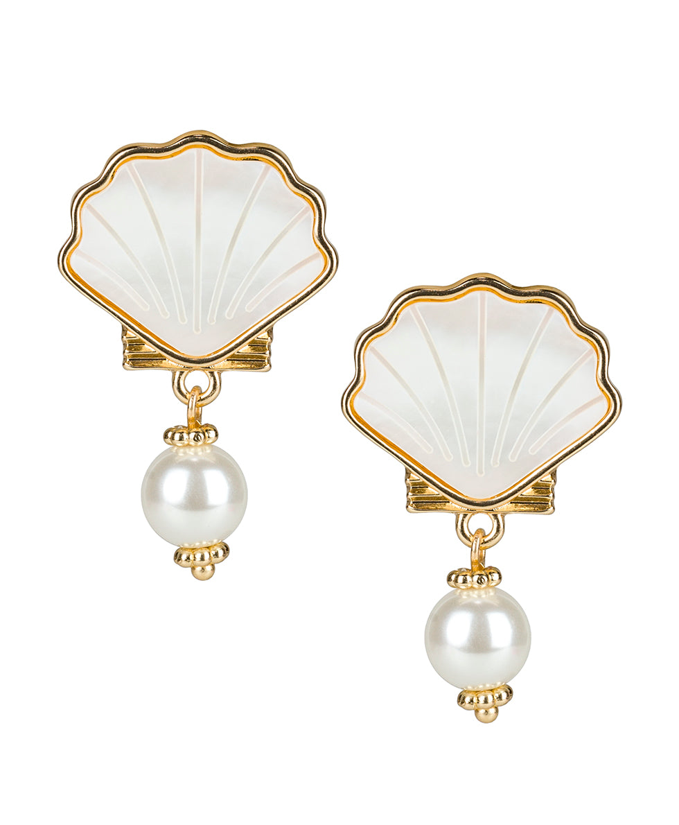 Female - Shell Stud Drop Pearl Earrings - Scallop Seashore - white / matte gold - by Patricia Nash - View 1 of 2