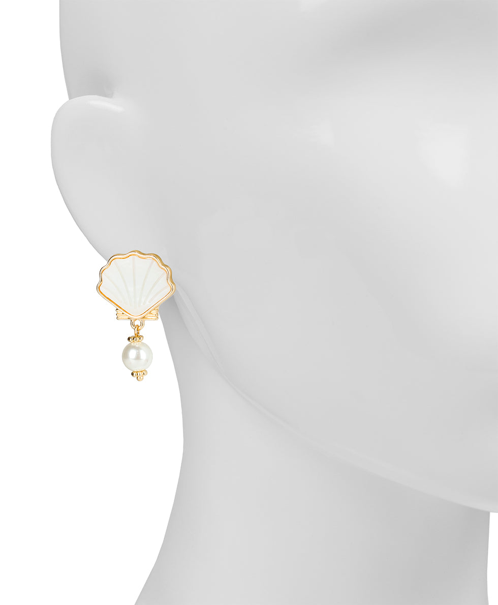 Female - Shell Stud Drop Pearl Earrings - Scallop Seashore - white / matte gold - by Patricia Nash - View 2 of 2