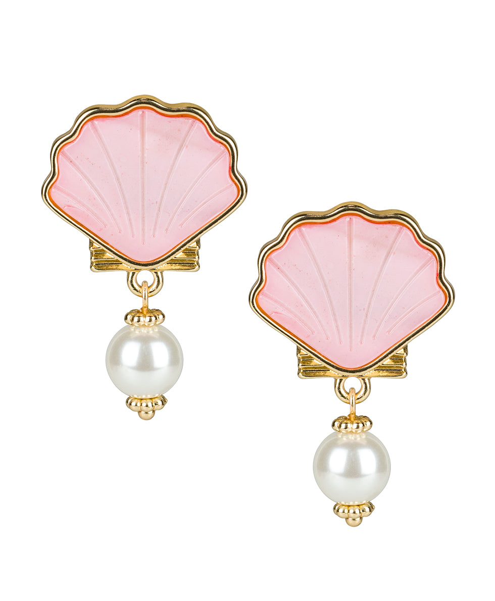 Female - Shell Stud Drop Pearl Earrings - Scallop Seashore - white / matte gold - by Patricia Nash - View 3 of 6