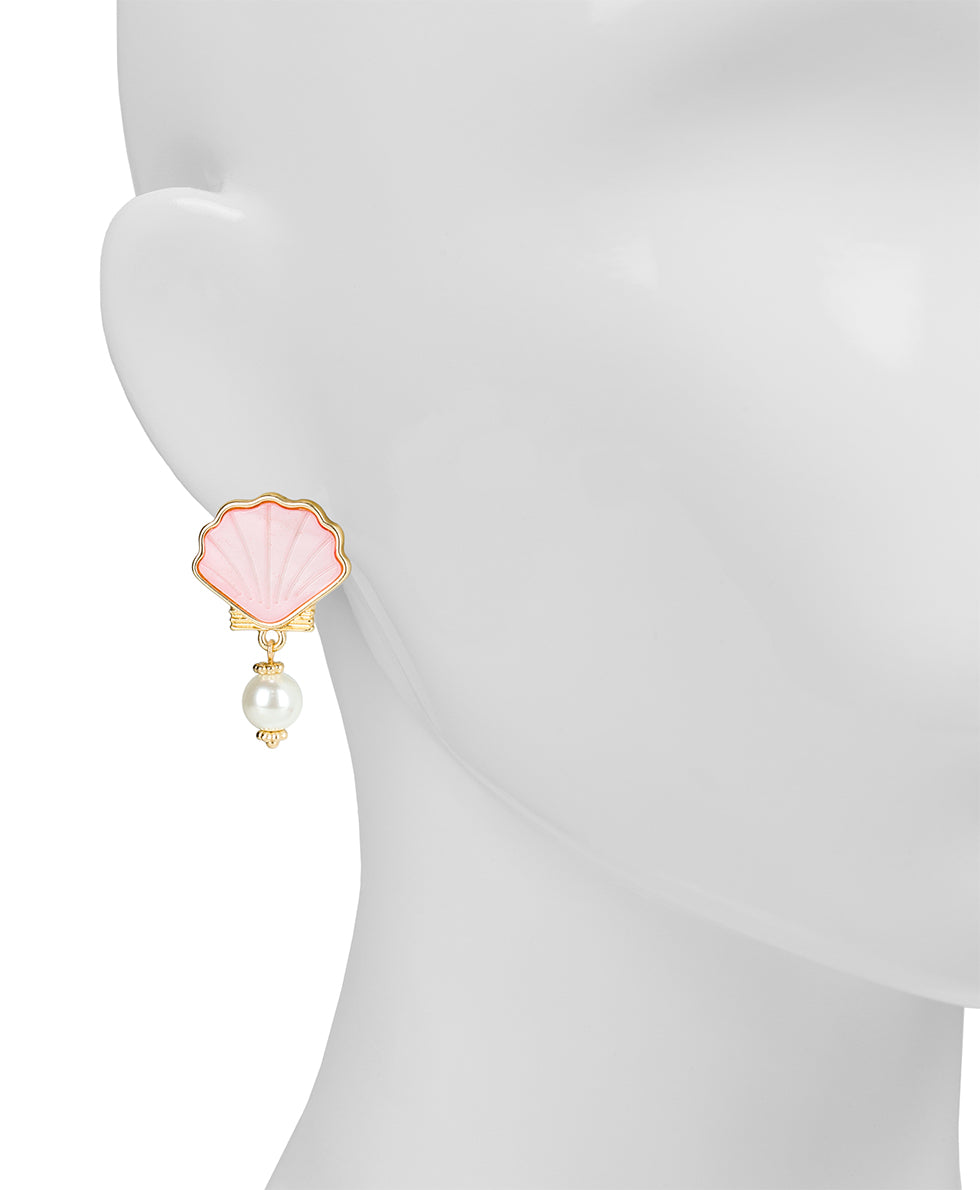 Female - Shell Stud Drop Pearl Earrings - Scallop Seashore - white / matte gold - by Patricia Nash - View 4 of 6