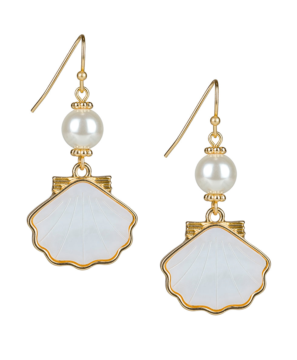 Female - Shell Drop Pearl Earrings - Scallop Seashore - white / matte gold - by Patricia Nash - View 1 of 3