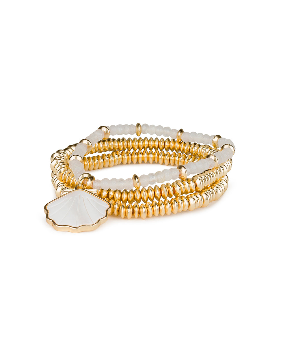 Female - Shell Stretch Bracelet Set - Scallop Seashore - white / matte gold - by Patricia Nash - View 1 of 4