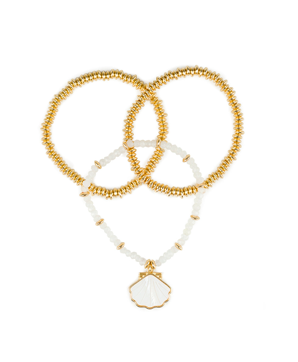 Female - Shell Stretch Bracelet Set - Scallop Seashore - white / matte gold - by Patricia Nash - View 2 of 4