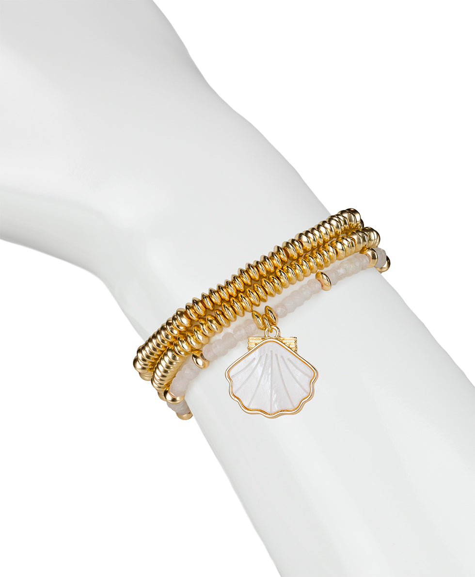 Female - Shell Stretch Bracelet Set - Scallop Seashore - white / matte gold - by Patricia Nash - View 3 of 4