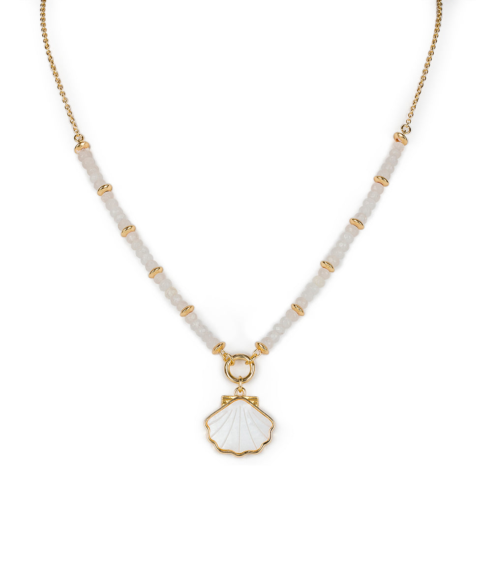 Female - Shell Pendant Beaded Necklace - Scallop Seashore - white / matte gold - by Patricia Nash - View 1 of 4