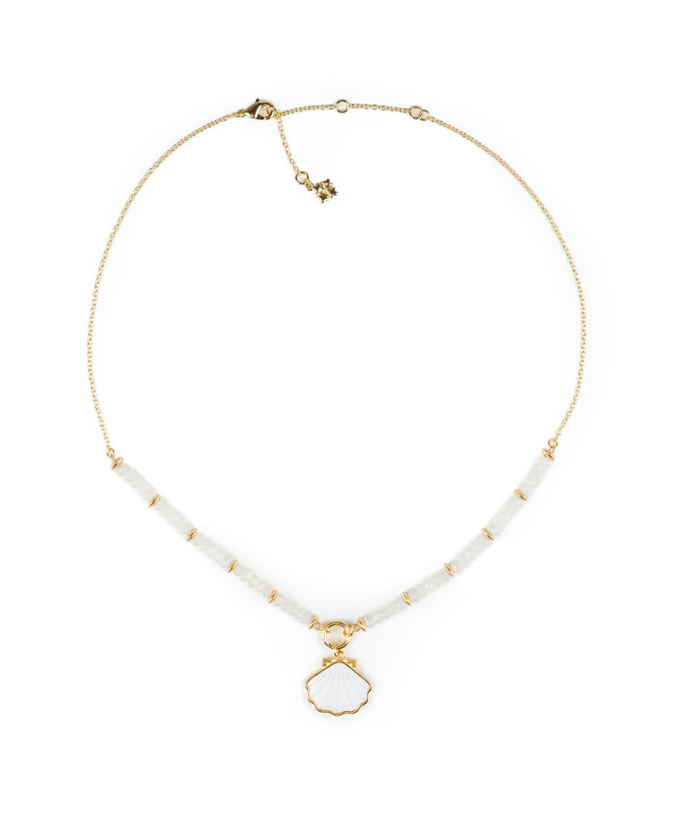 Female - Shell Pendant Beaded Necklace - Scallop Seashore - white / matte gold - by Patricia Nash - View 2 of 4