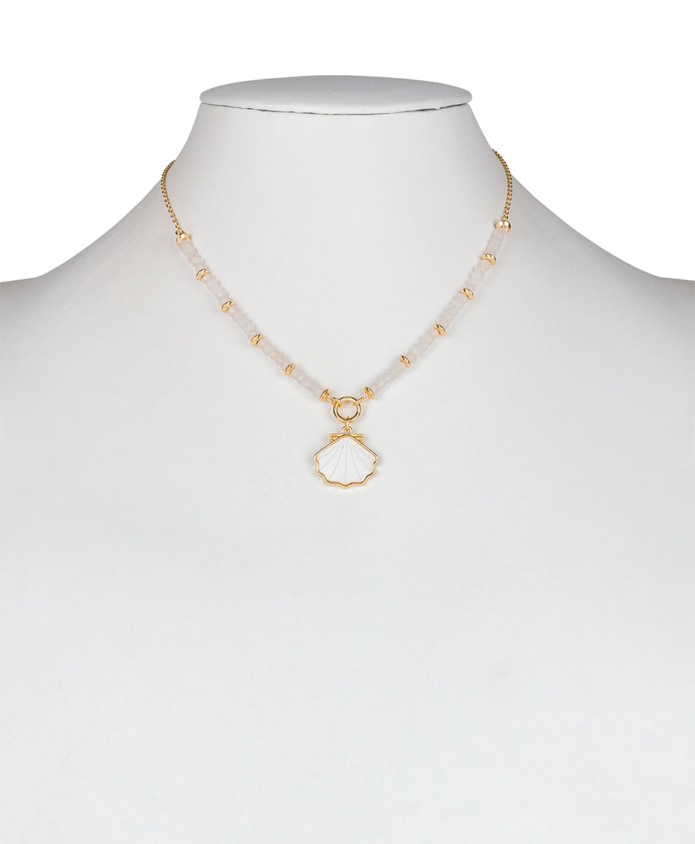 Female - Shell Pendant Beaded Necklace - Scallop Seashore - white / matte gold - by Patricia Nash - View 3 of 4